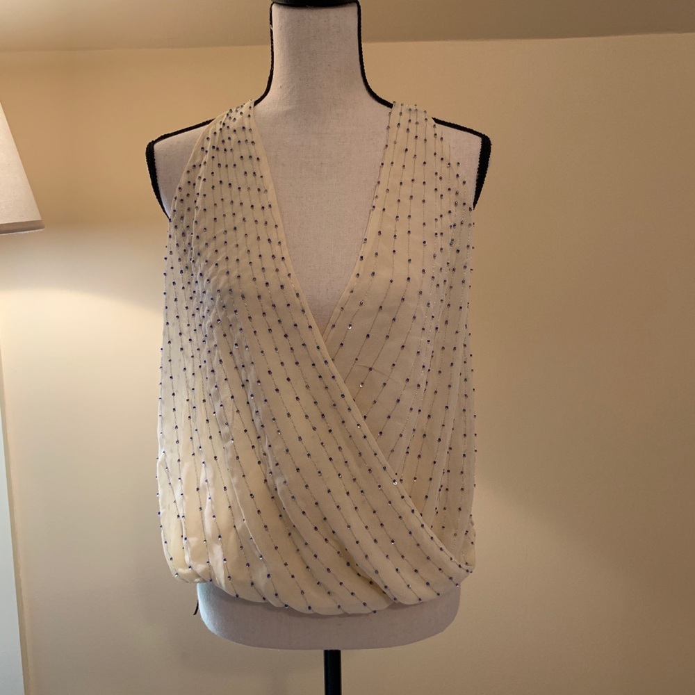 Buckle cream beaded chiffon wrap top